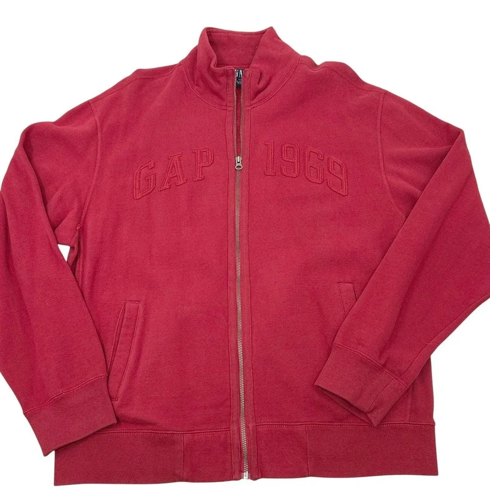 Mens‎ Y2K Vtg Full Zip Track Jacket Red Embroidered Logo 1969 Fleece GAP Large